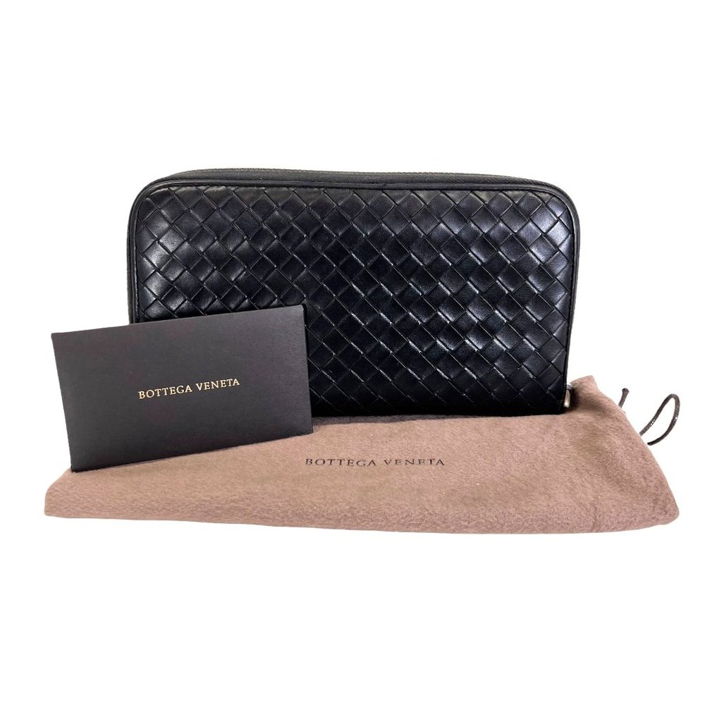 Authentic Bottega Veneta Wallet Long Round Fastener Intrecciato Black Vintage